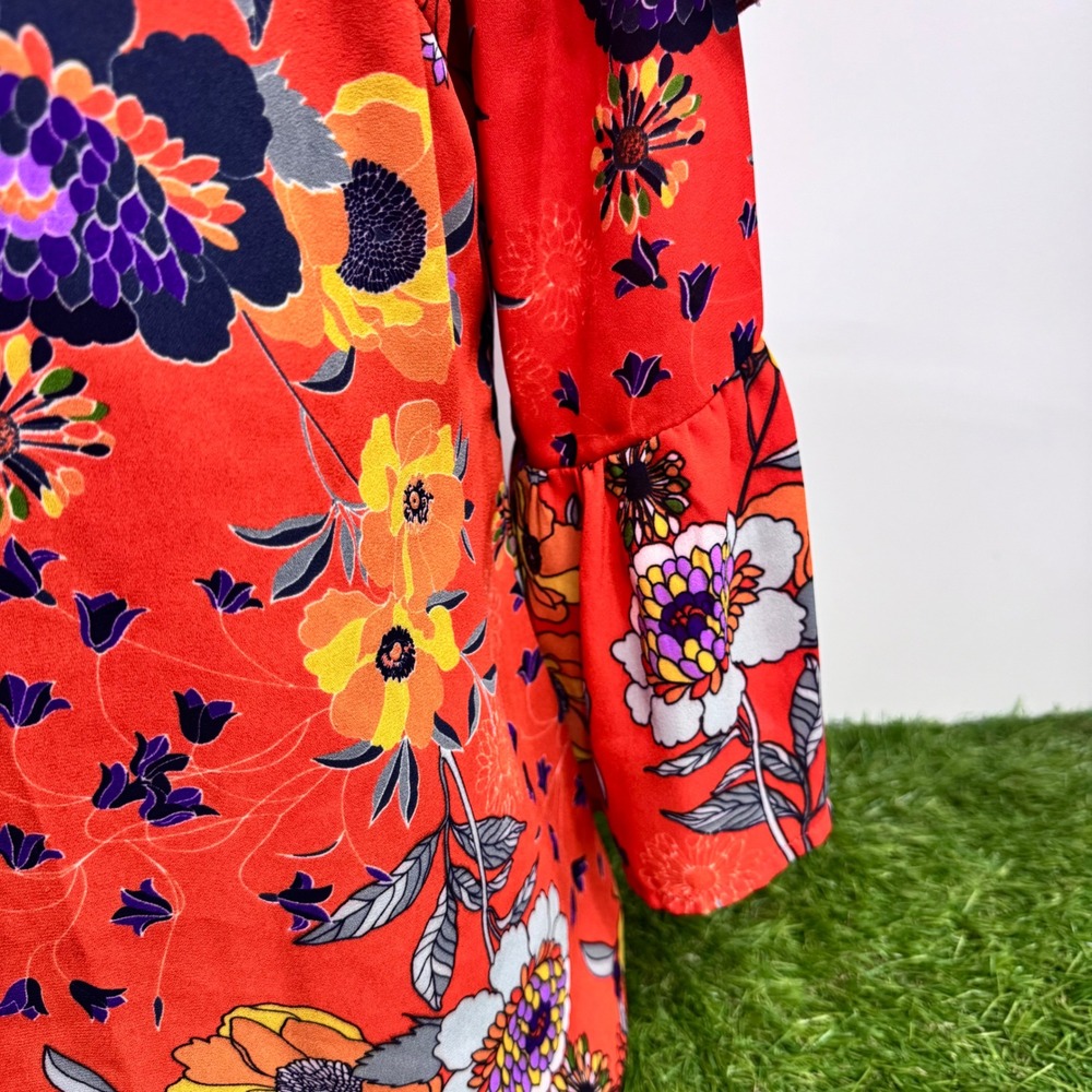 Sunny Leigh Blouse Womens XL Orange Floral Ruffle Bell Sleeve Round Neck Top - Picture 3 of 10